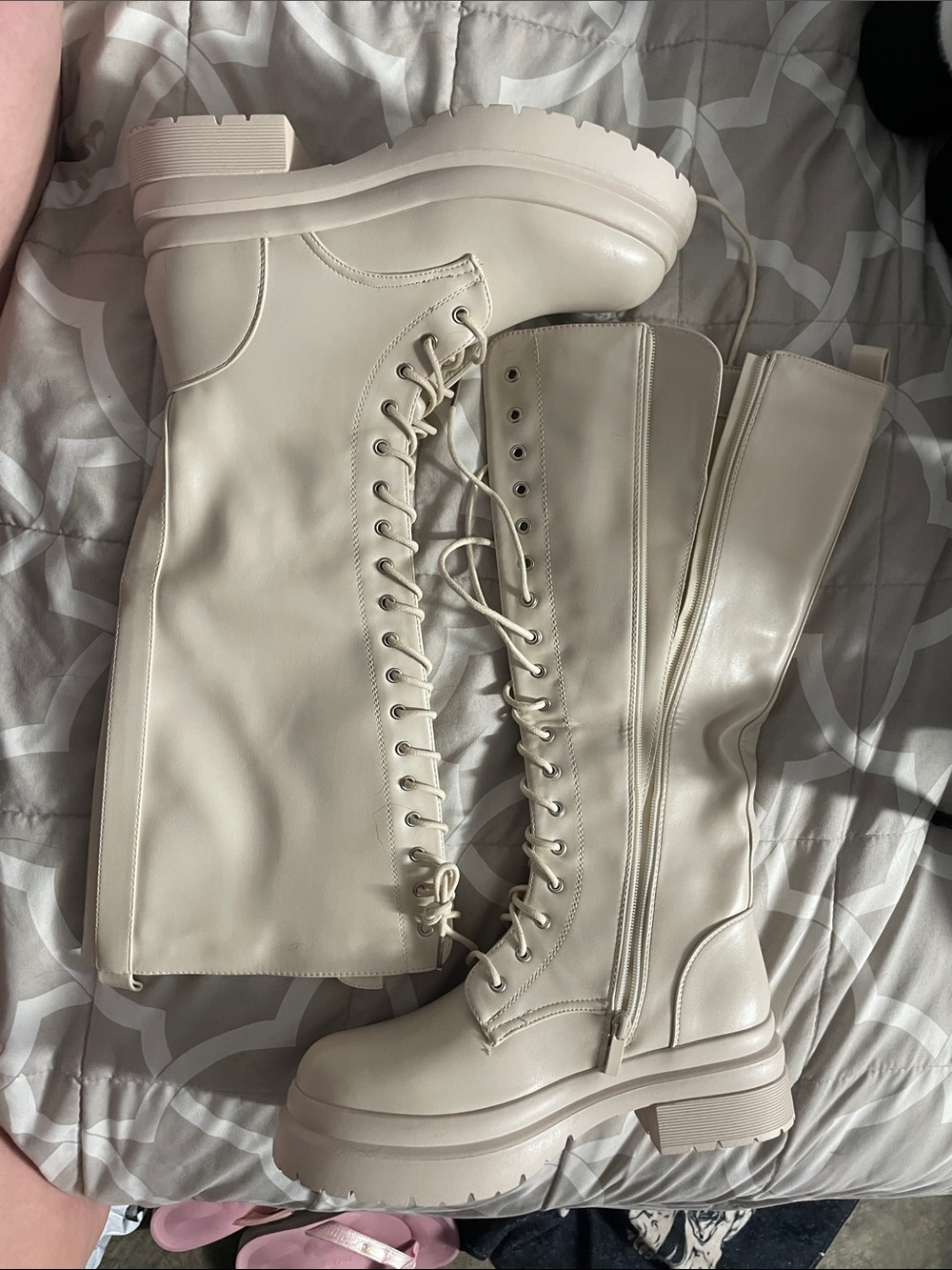 Lace-Up Knee-High Platform Boots - Cream